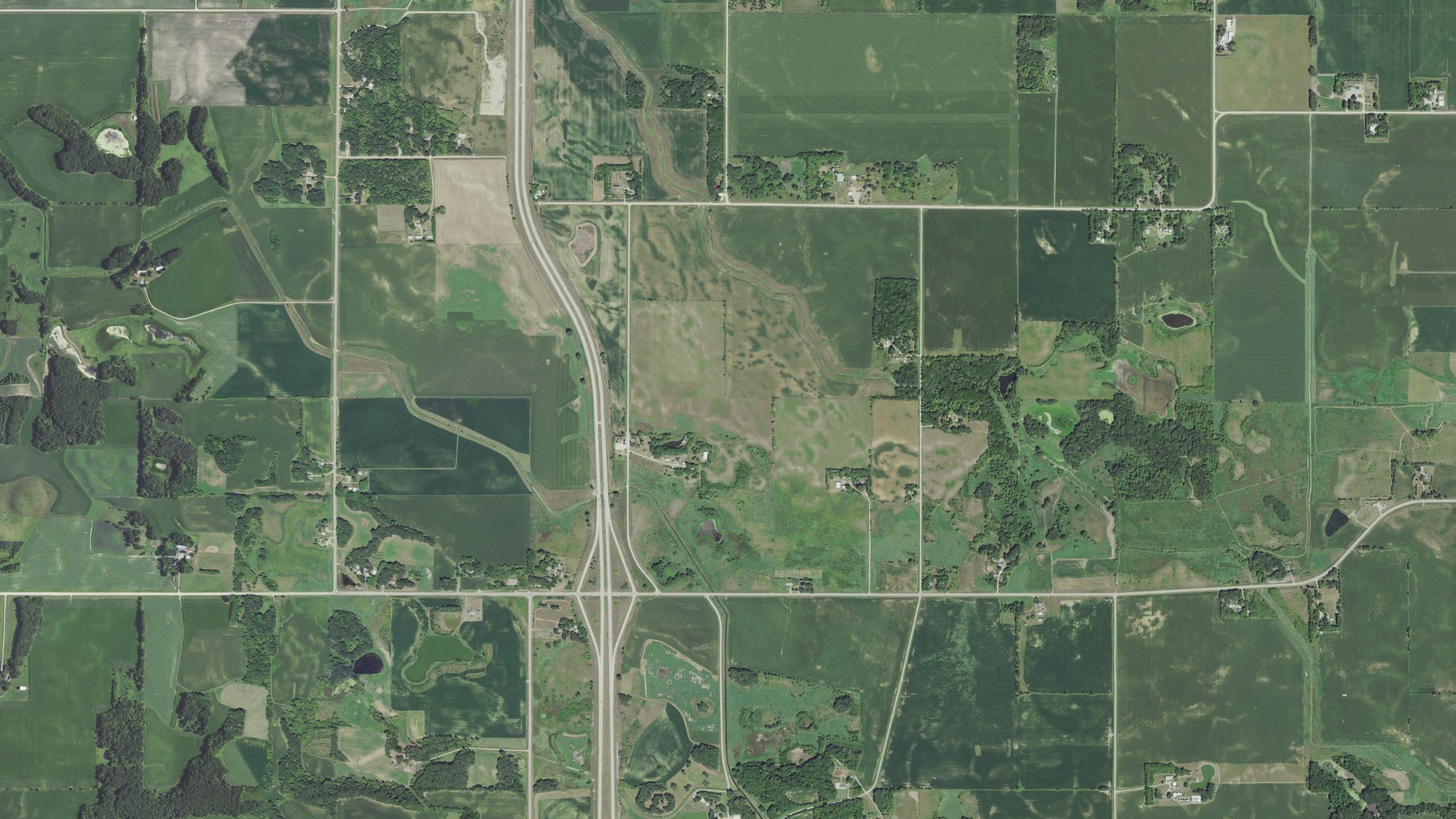 Natural-color aerial photograph of land around Freeman, Minnesota
