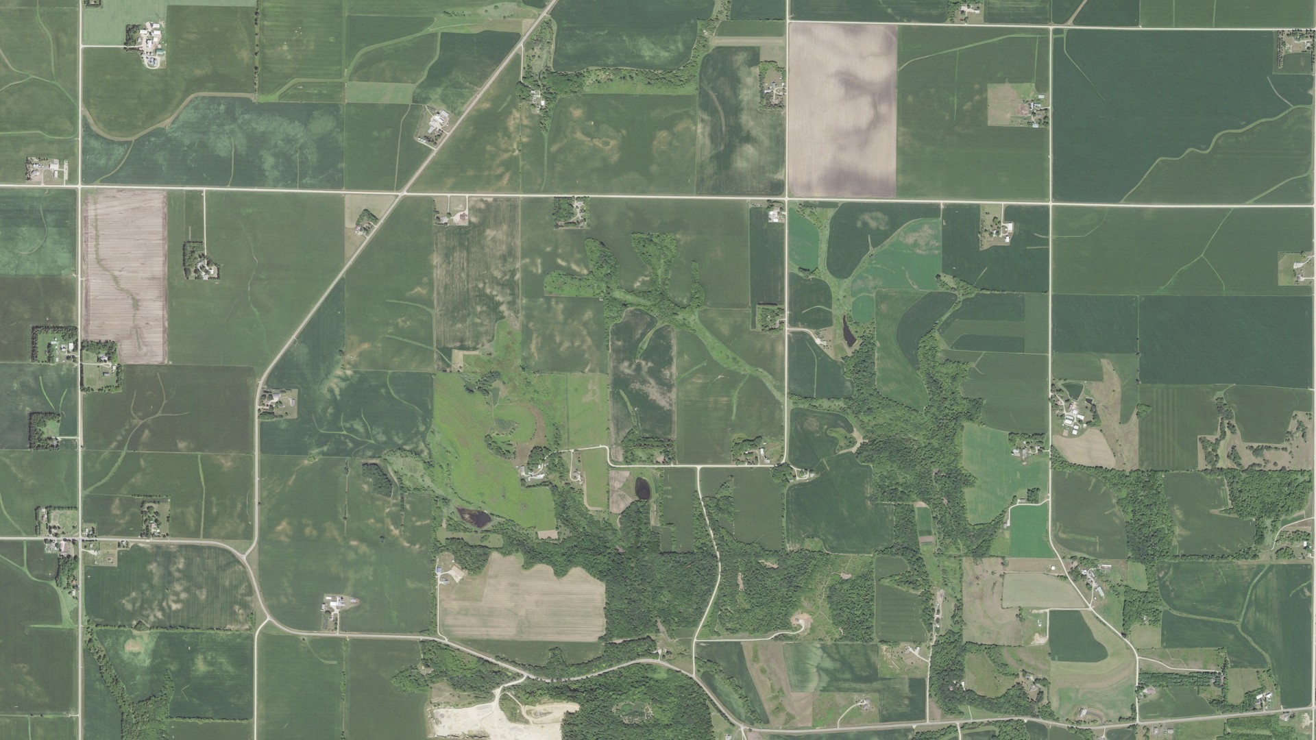 Aerial view of land around Roscoe, Minnesota