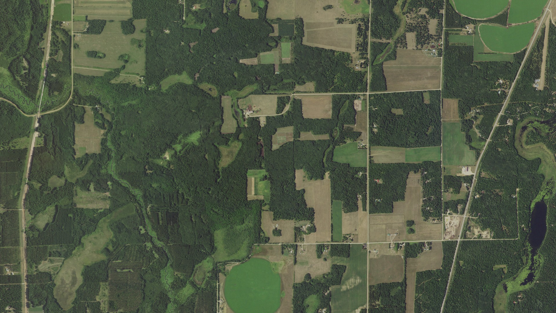 Aerial view of land around Straight River, Minnesota