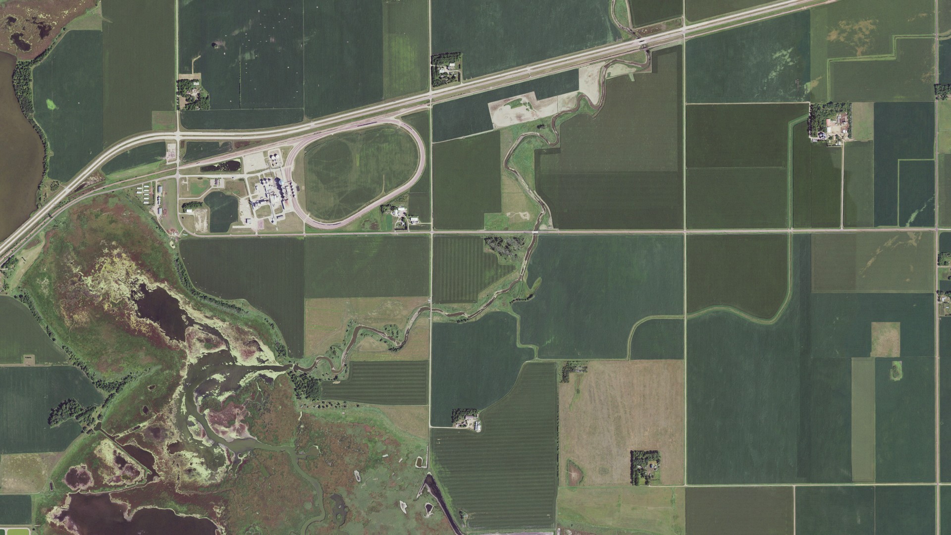 Natural-color aerial photograph of land around Weimer, Minnesota
