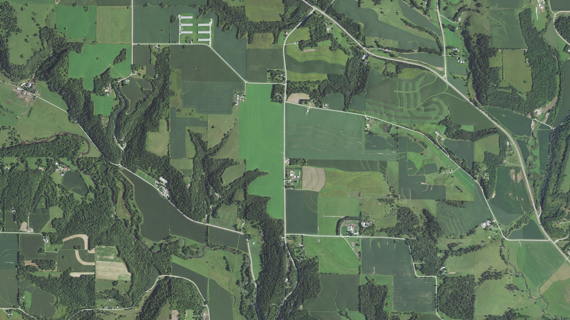 Natural-color aerial photograph of land around Orion, Minnesota