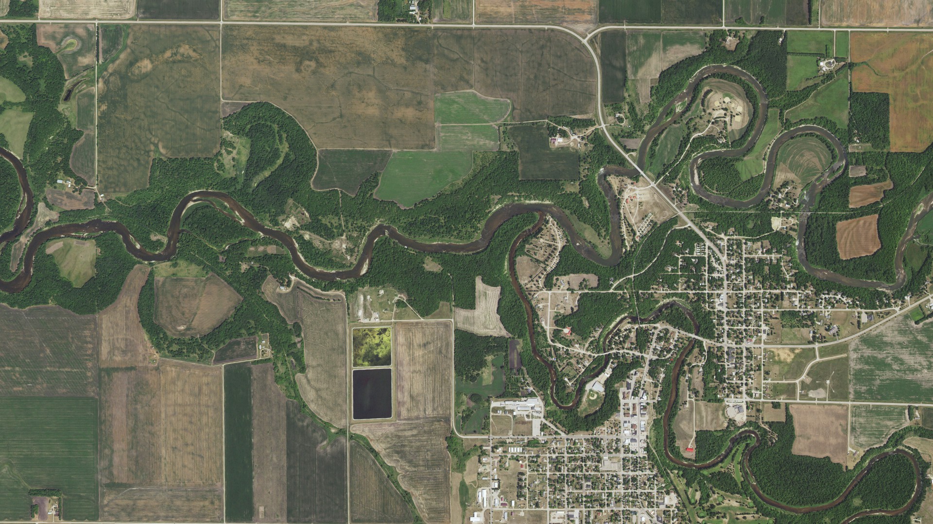 Aerial view of land around Red Lake Falls, Minnesota