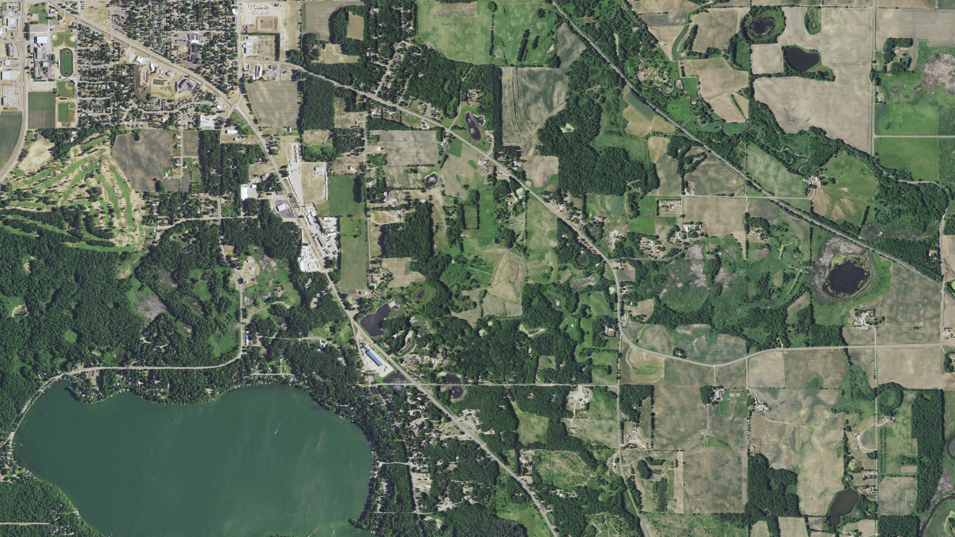 Natural-color aerial photograph of land around Paynesville, Minnesota