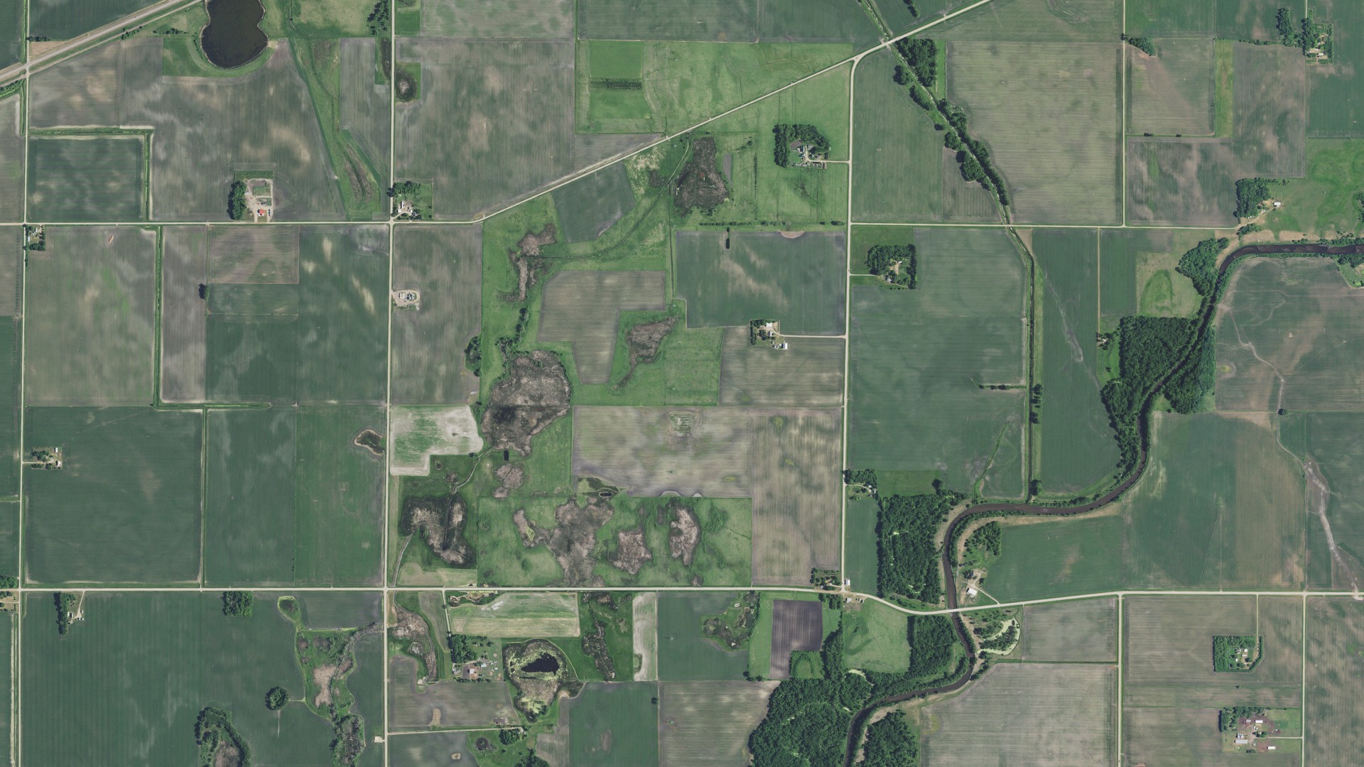 Natural-color aerial photograph of land around Swift County, Minnesota
