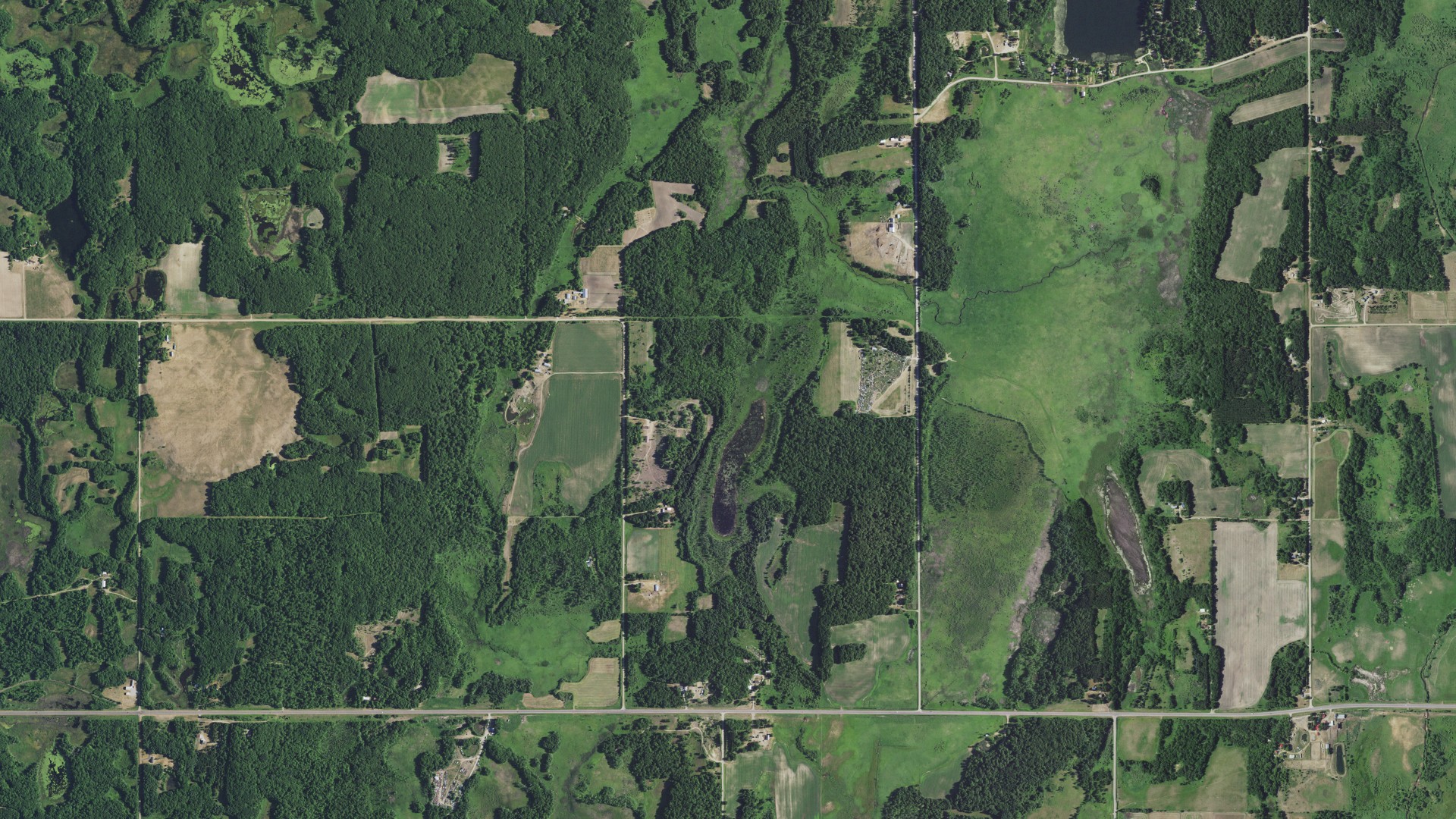 Aerial view of land around Bruce, Minnesota