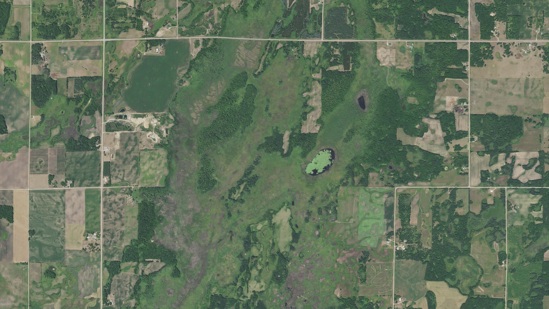 Aerial view of land around Burleene, Minnesota