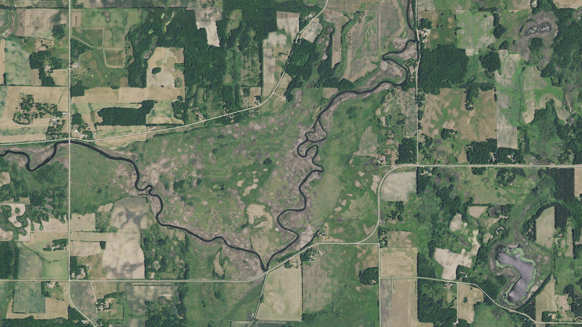 Aerial view of land around Leslie, Minnesota