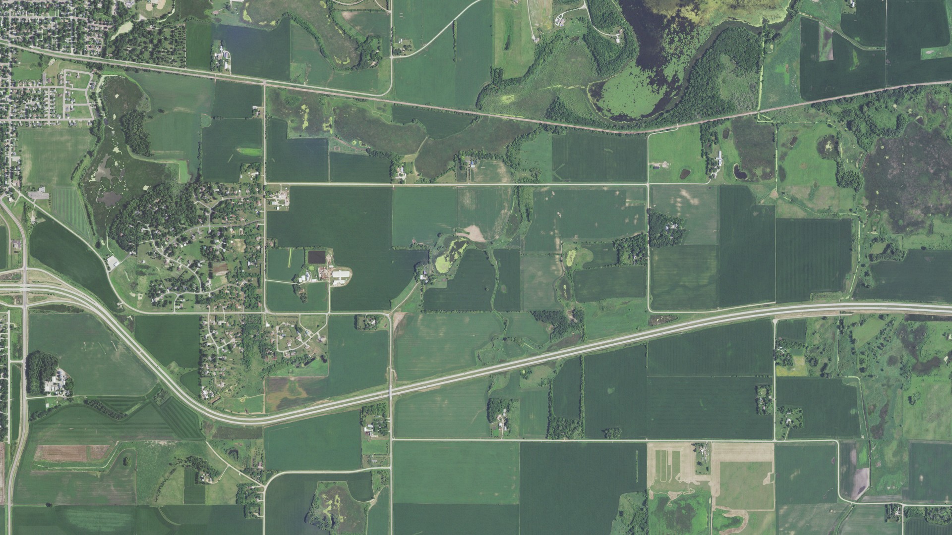 Aerial view of land around Woodville, Minnesota