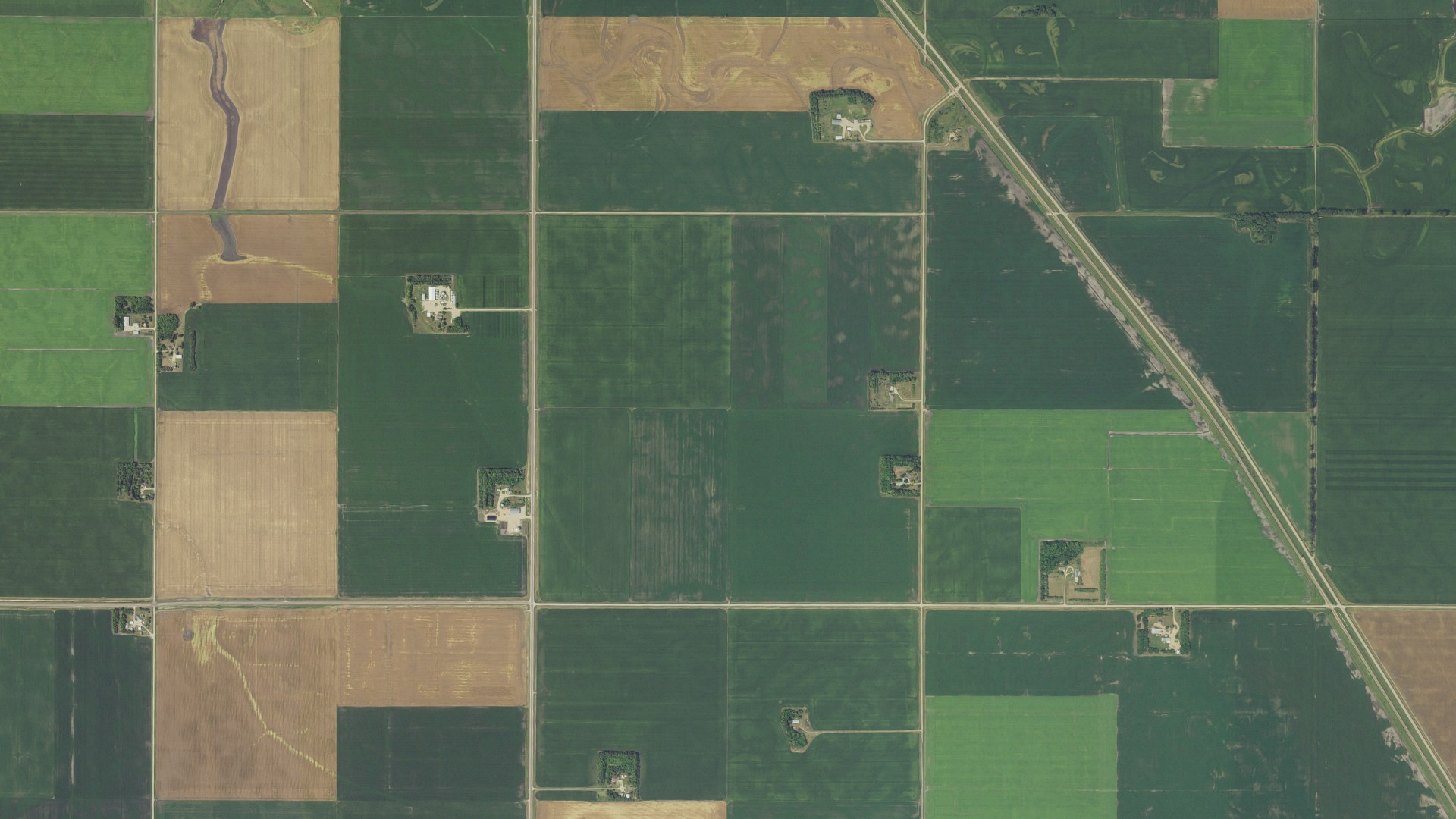 Natural-color aerial photograph of land around Brandrup, Minnesota