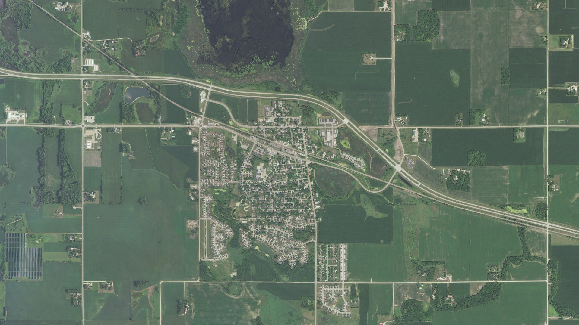 Aerial view of land around Eagle Lake, Minnesota