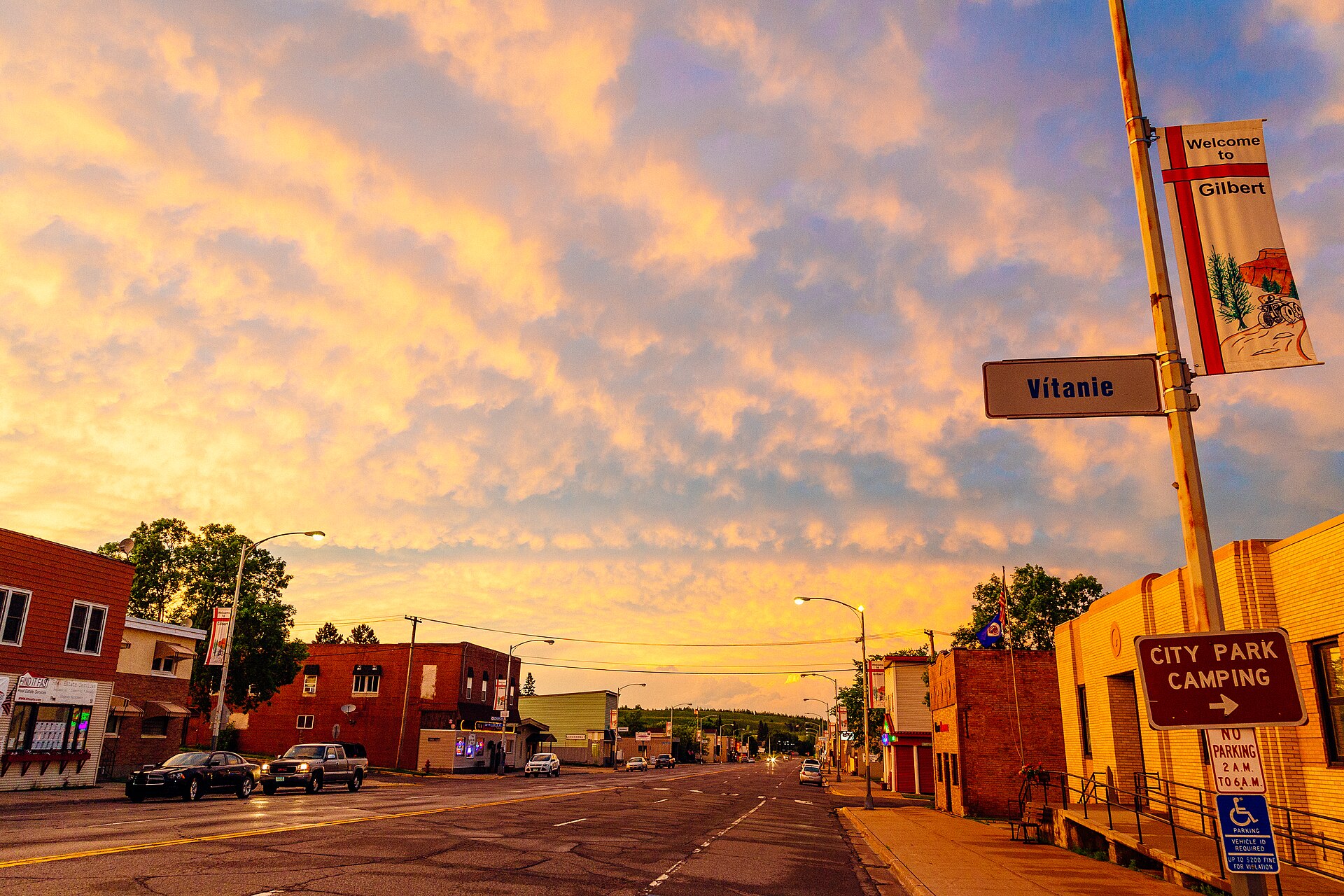 A summer sunset on Broadway Street in downtown Gilbert, Minnesota.