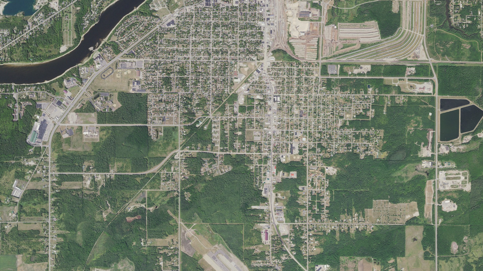 Natural-color aerial photograph of land around International Falls, Minnesota