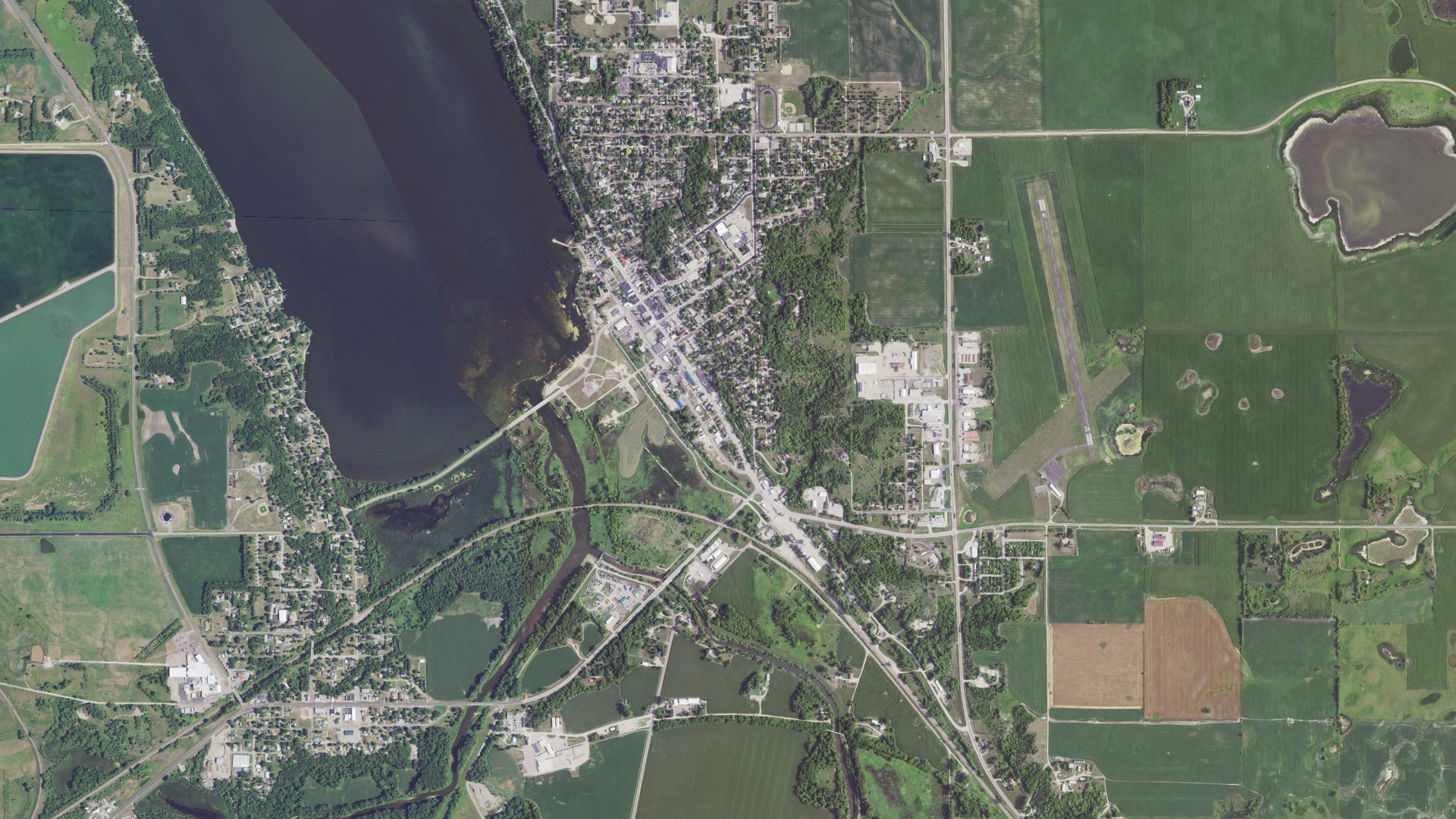 Aerial view of land around Ortonville, Minnesota