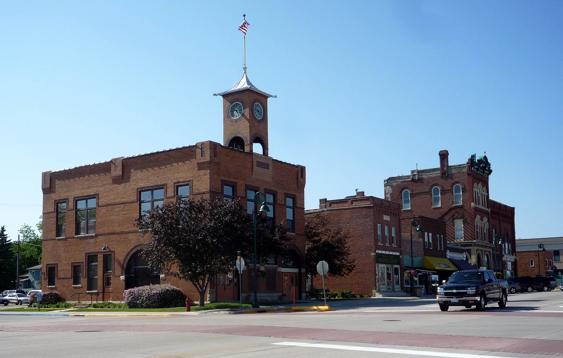 Downtown Pine Island, Minnesota, USA. City Hall is at the left.