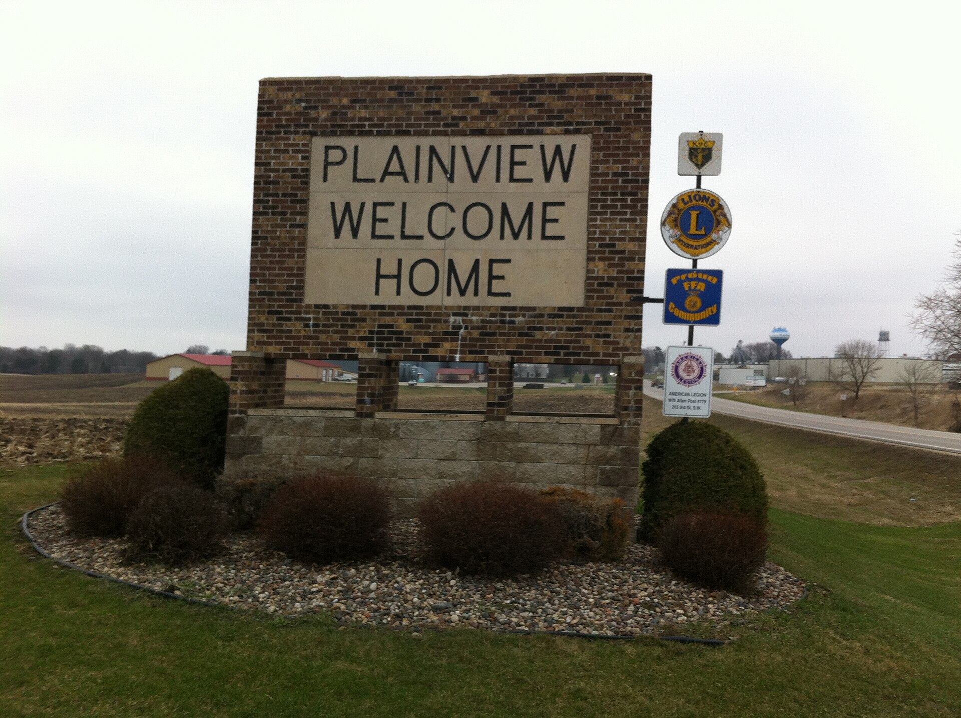 Plainview Welcome Home sign on Minnesota State Highway 247 (West Broadway) west of Lakeside Foods, 1055 West Broadway, Plainview, Minnesota.