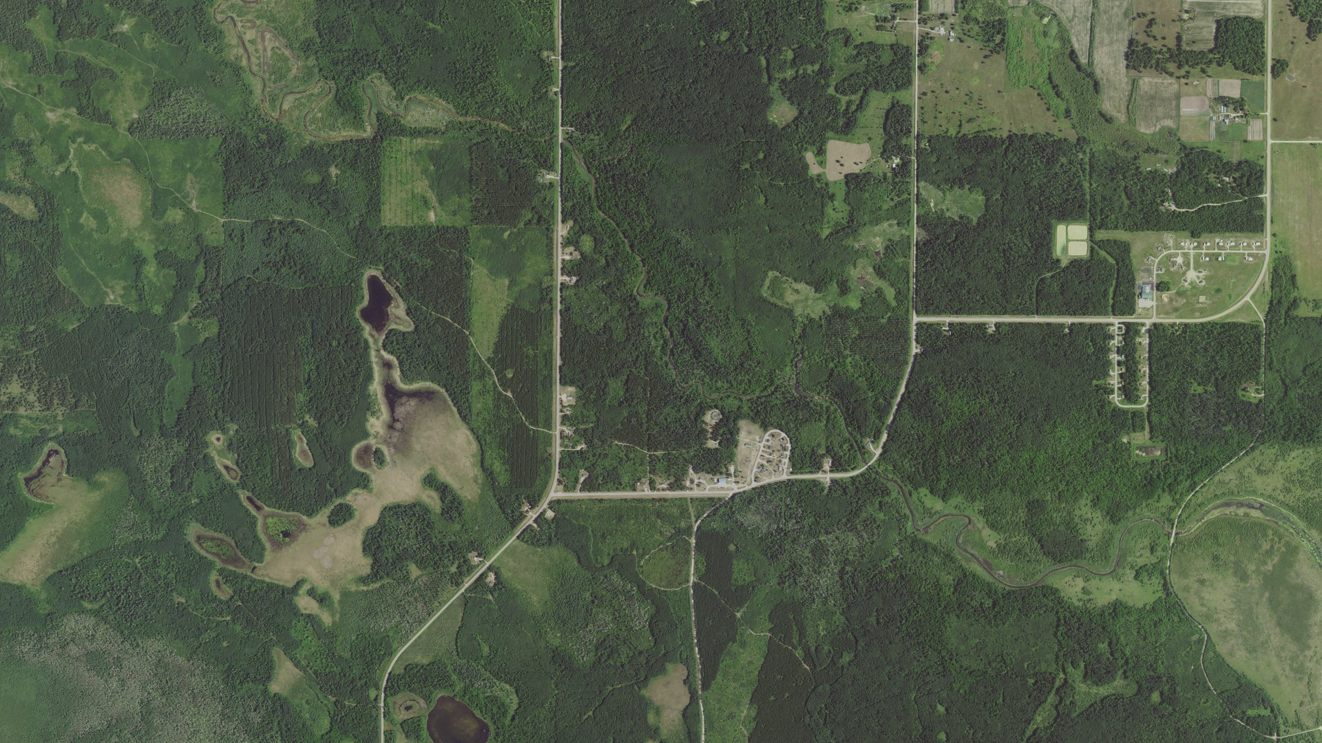 Natural-color aerial photograph of land around Rice Lake, Minnesota
