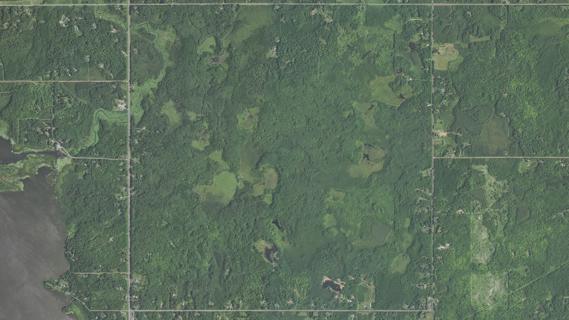 Natural-color aerial photograph of land around Rice Lake, Minnesota