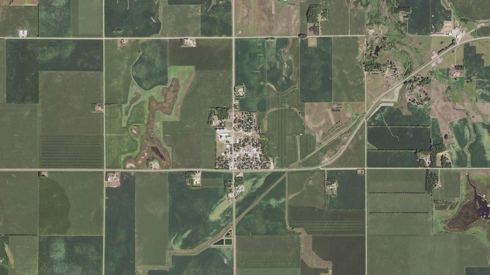 Natural-color aerial photograph of land around Storden, Minnesota