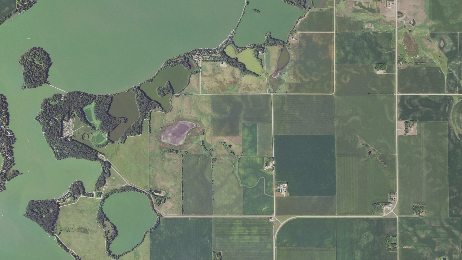 Natural-color aerial photograph of land around The Lakes, Minnesota
