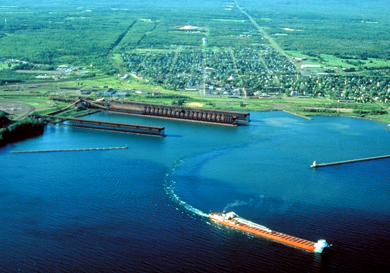 Aerial view of Two Harbors, Minnesota, on the north shore of Lake Superior.