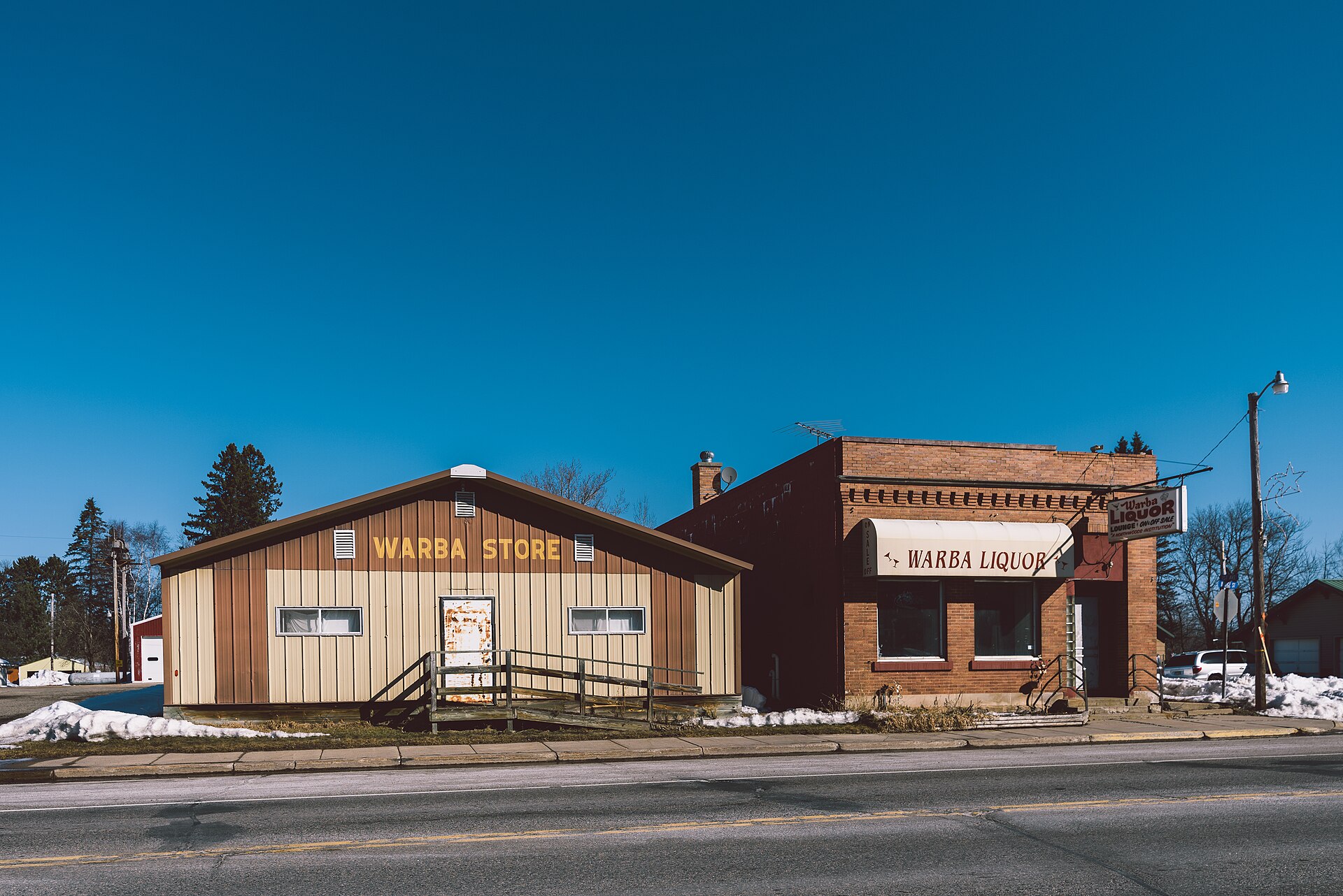 A store and liquor shop along U.S. Highway 2 (Bridge Street) in the small town of Warba, Minnesota. -- (C) 2018 Tony Webster tony@tonywebster.com +1 202-930-9200