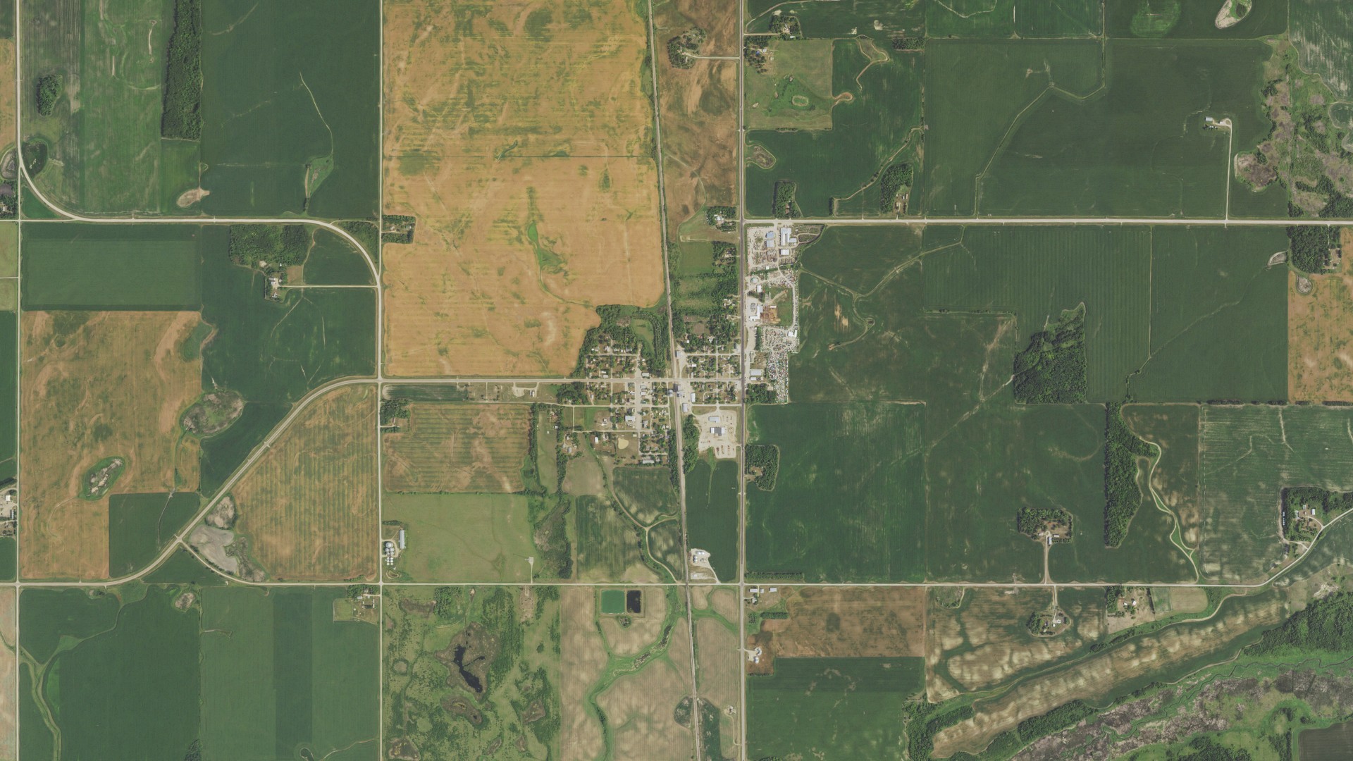 Aerial view of land around Winger, Minnesota