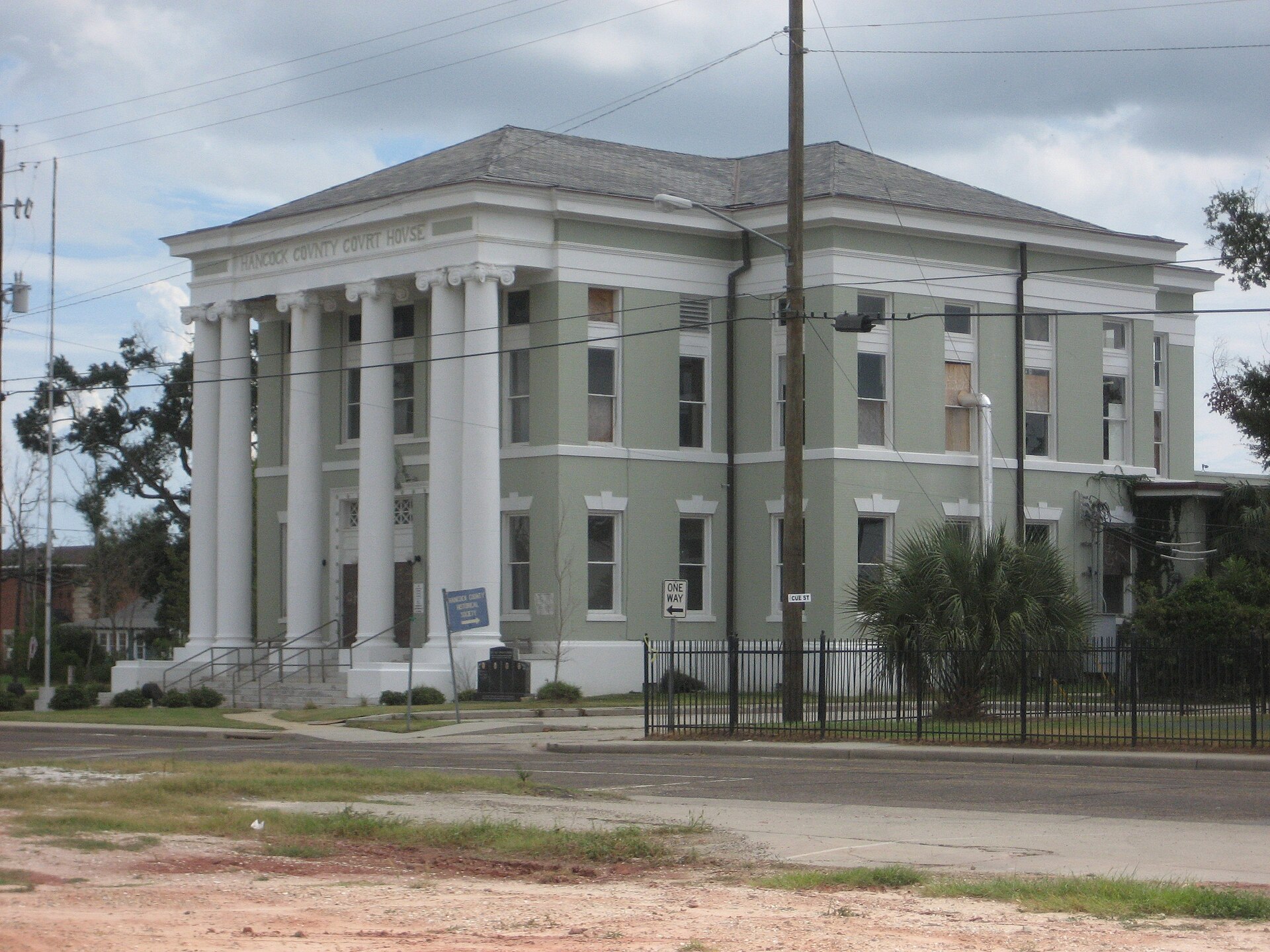 Hancock County Courthouse, Bay St. Louis, Mississippi. Located on the city block between Main, Gex, Court, and Cue Streets.
