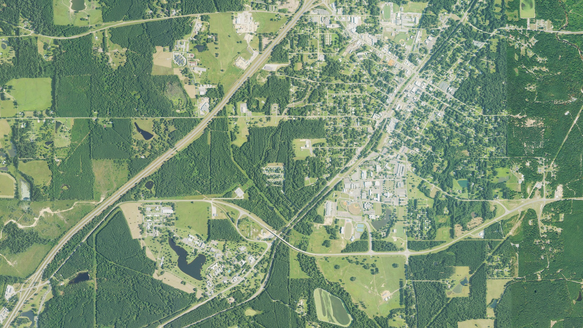 Natural-color aerial photograph of land around Ellisville, Mississippi