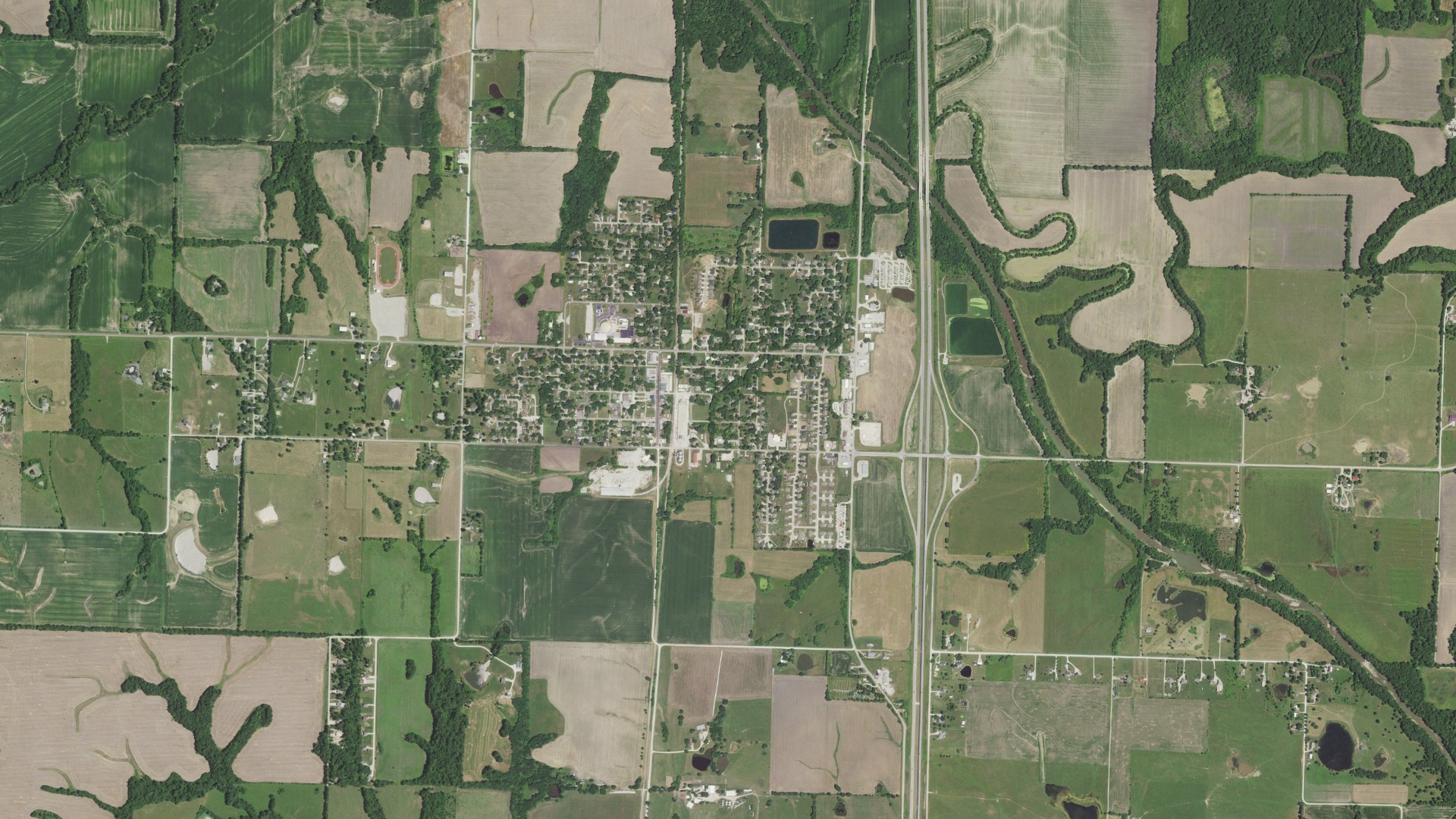 Natural-color aerial photograph of land around Archie, Missouri