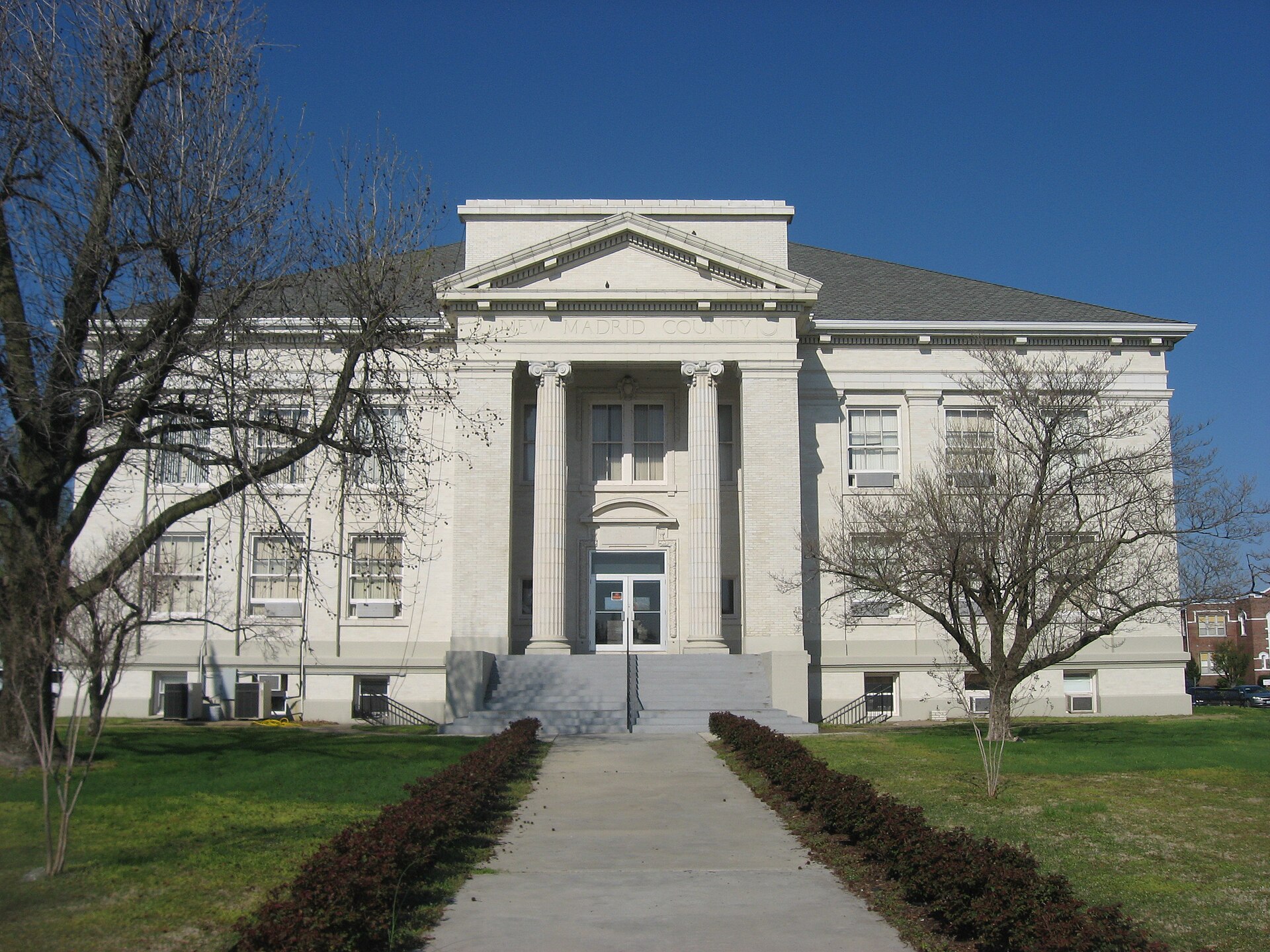 Front of the New Madrid County Courthouse, located at 450 Main Street in New Madrid, Missouri, United States. It was built in 1919.