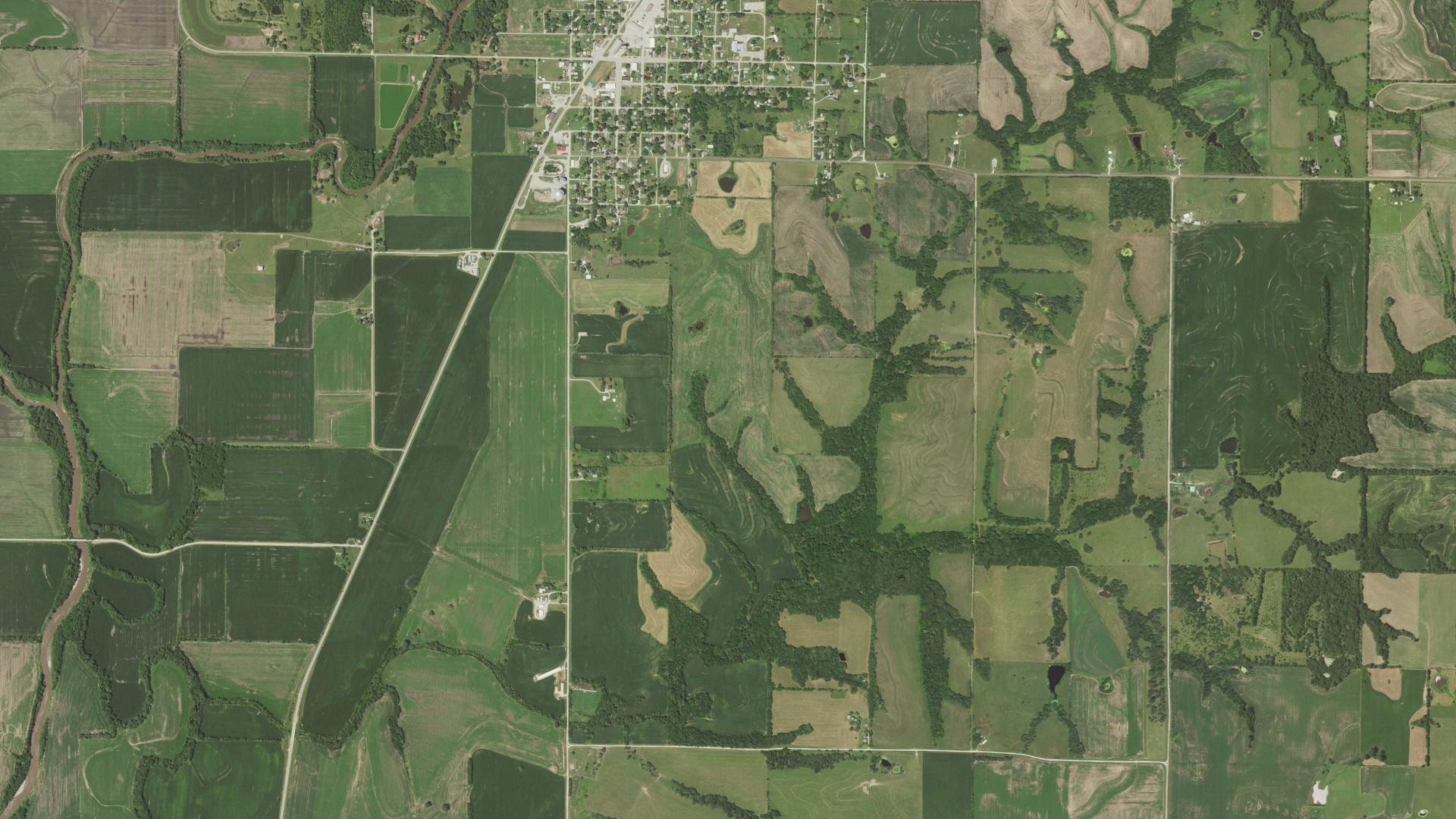 Aerial view of land around Hopkins, Missouri
