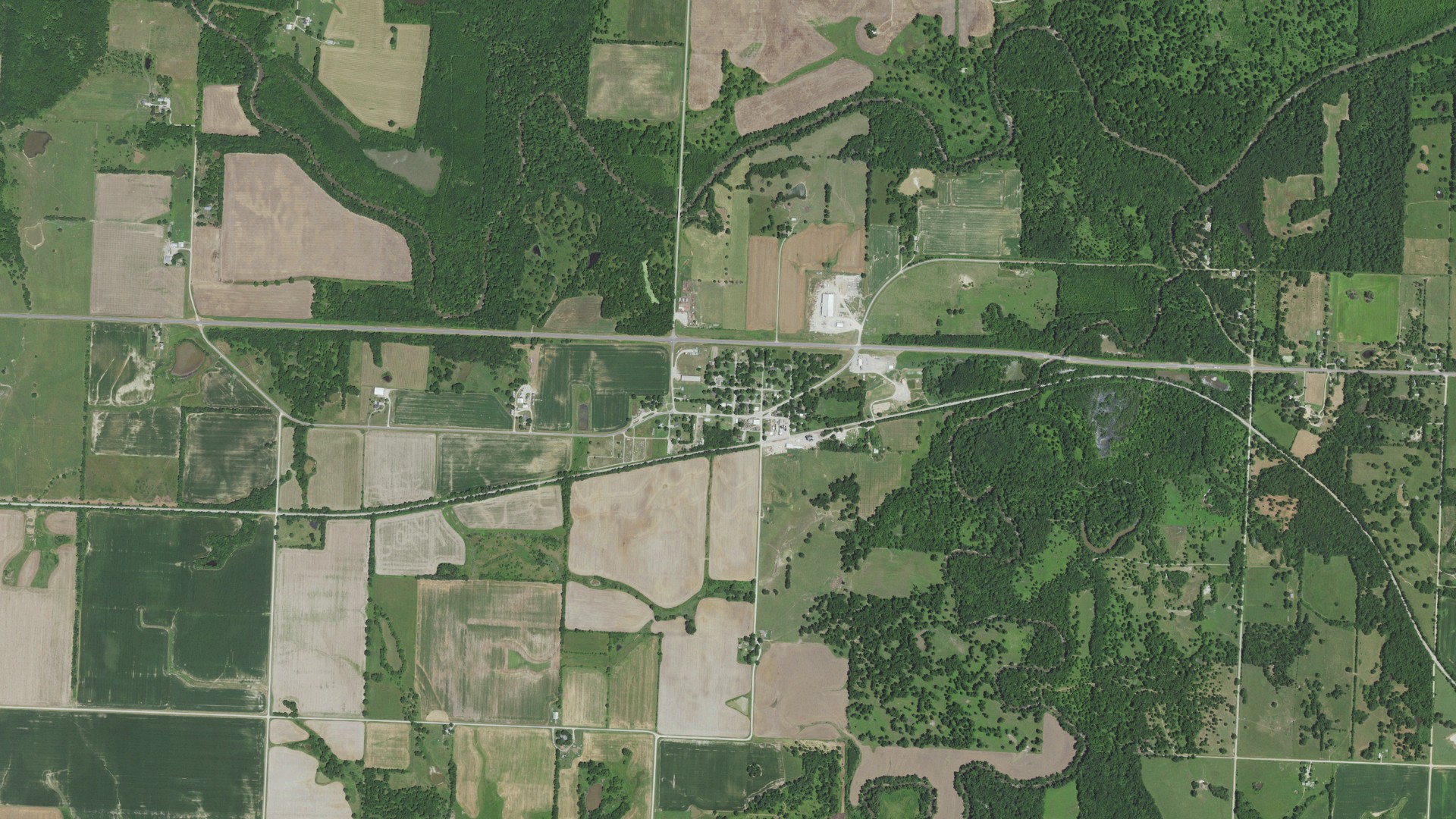 Aerial view of land around Deerfield, Missouri