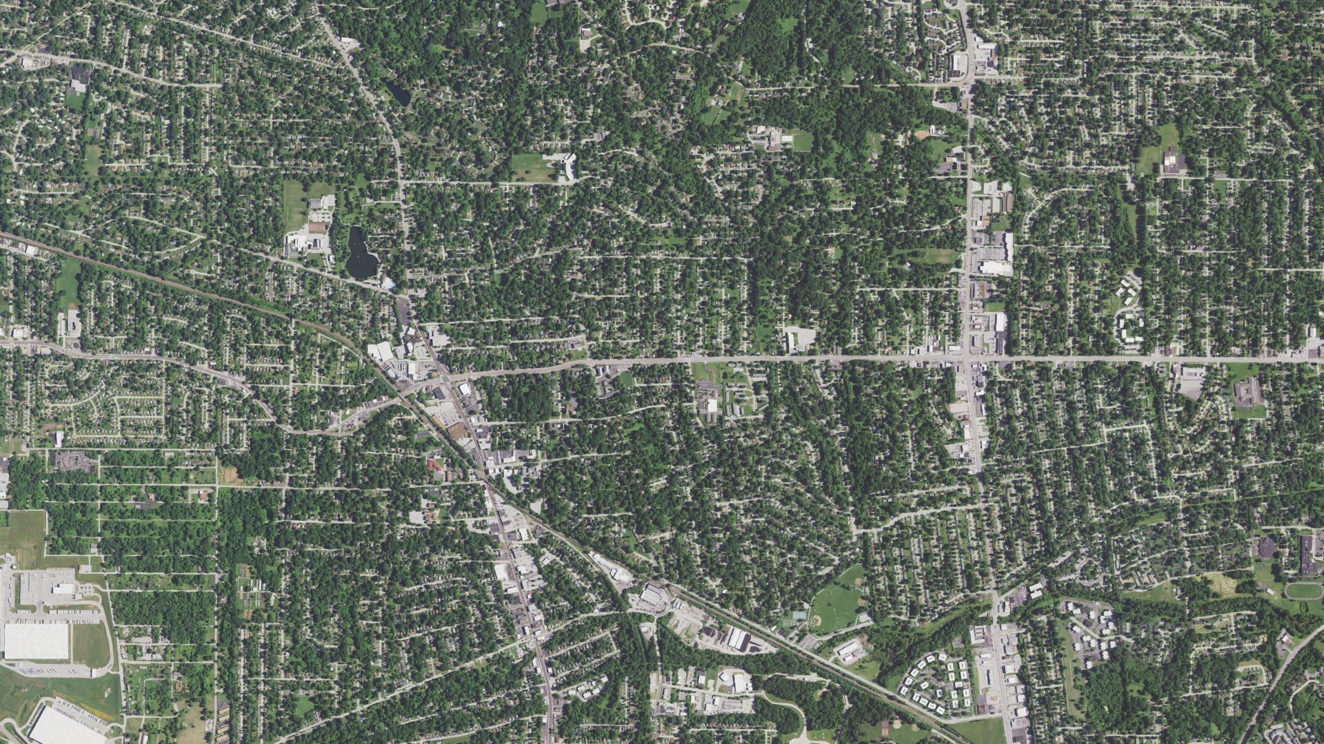 Natural-color aerial photograph of land around Ferguson, Missouri