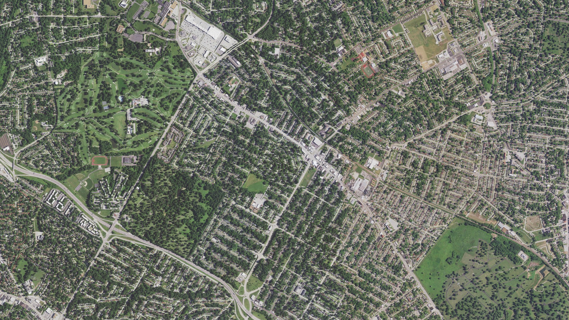 Natural-color aerial photograph of land around Flordell Hills, Missouri