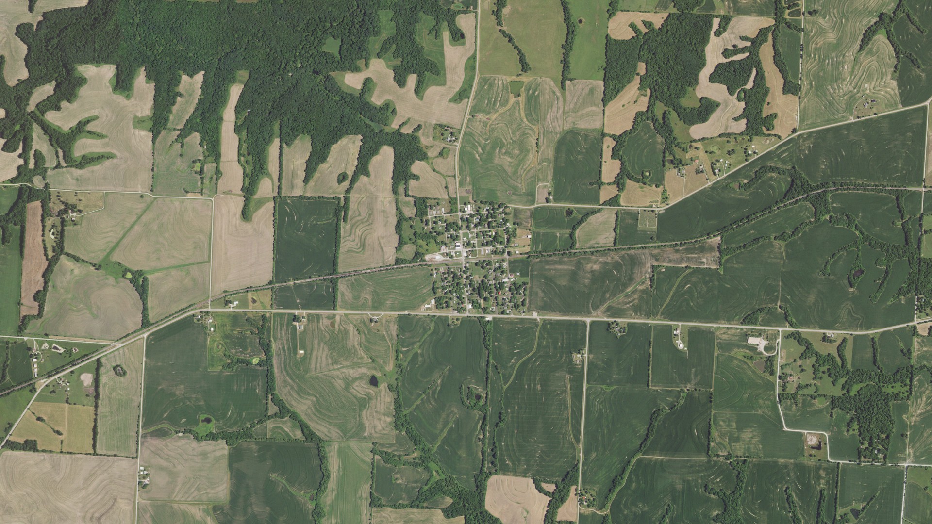 Natural-color aerial photograph of land around Gilliam, Missouri