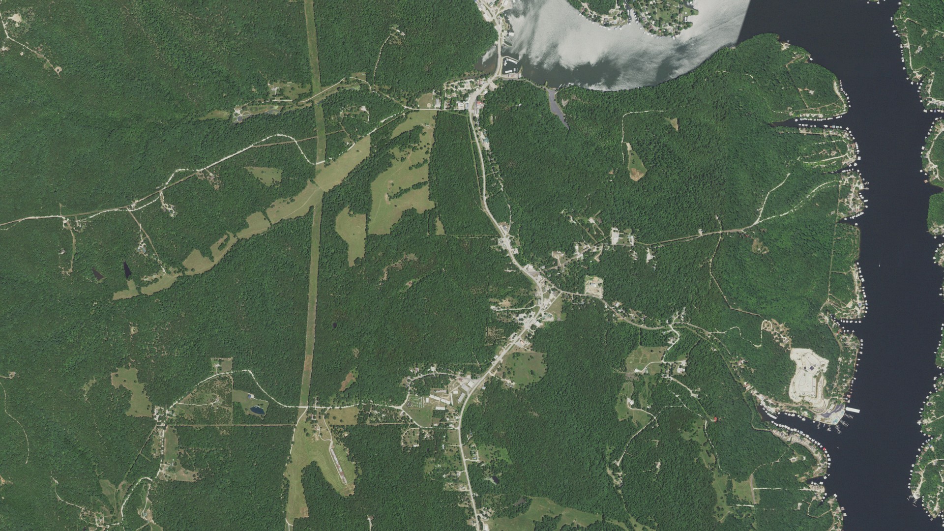 Natural-color aerial photograph of land around Gravois Mills, Missouri