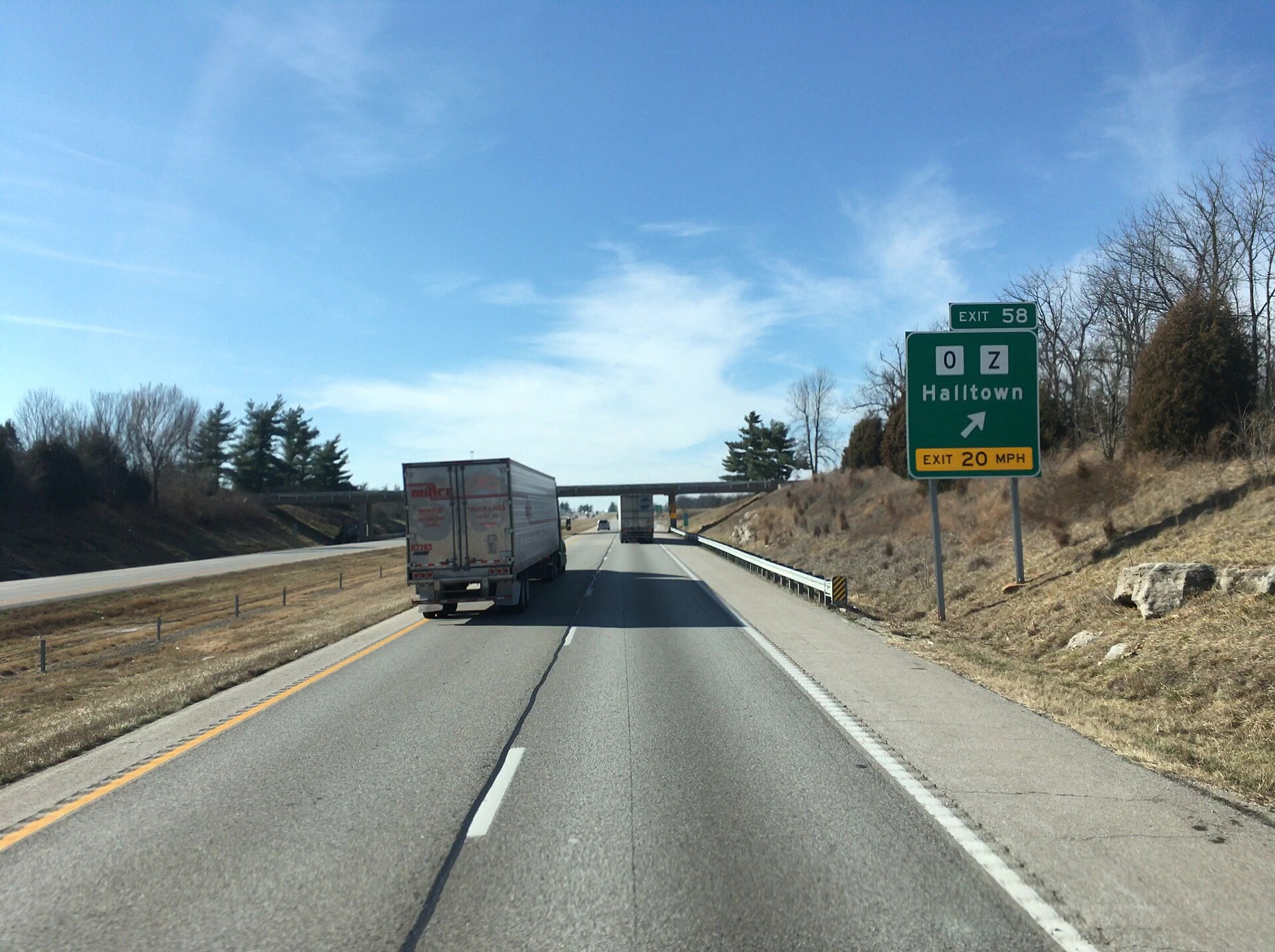 The sign for exit 58 along westbound Interstate 44 in Halltown, Missouri.