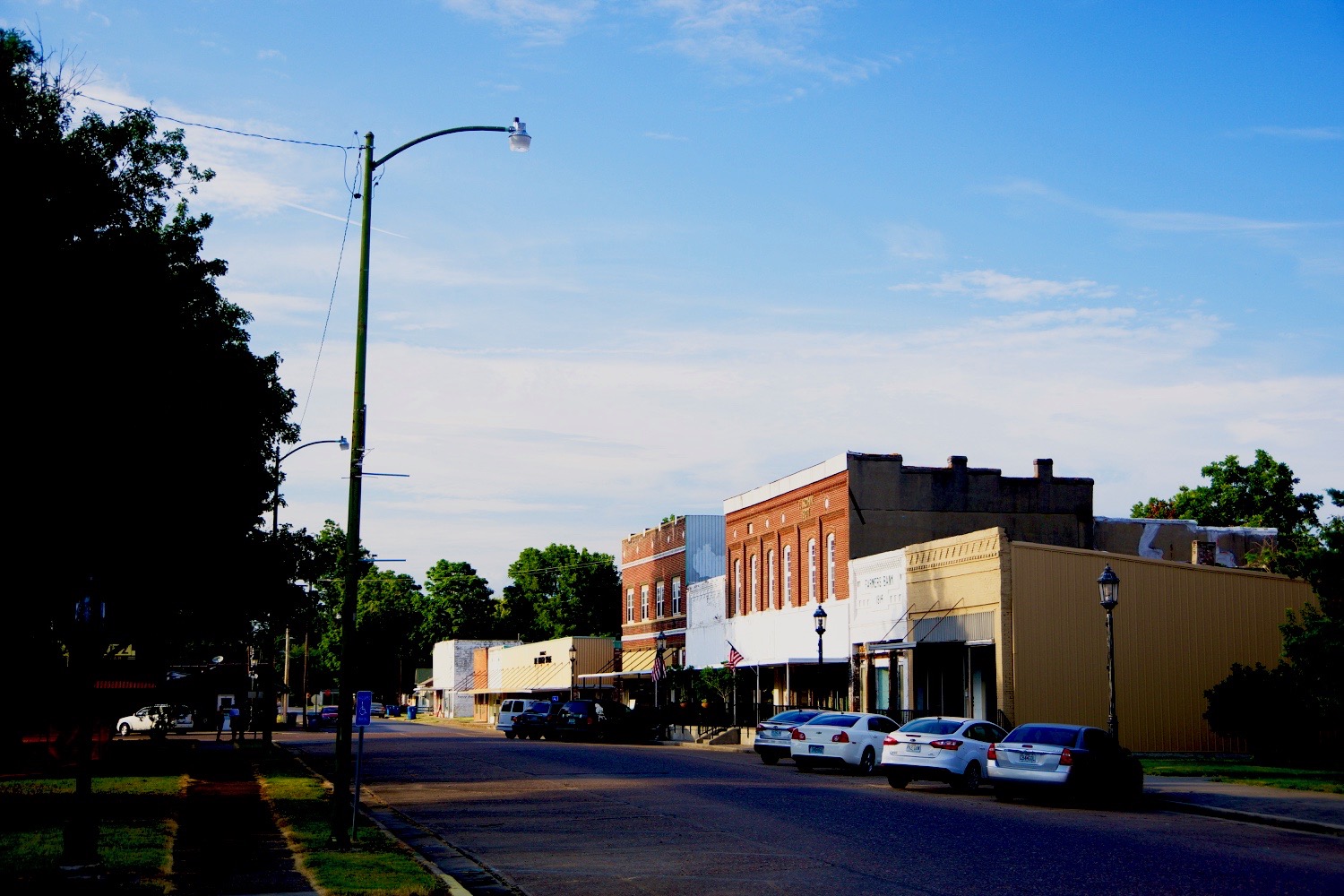 Buildings along 4th Street, on the eastern side of the town square, in Hayti, Missouri, United States.
