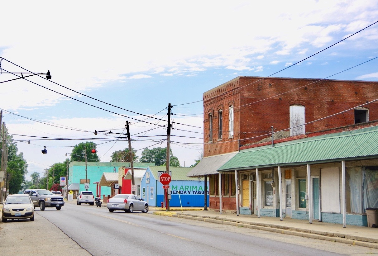 Commercial Street (State Highway P) in Senath, Missouri, United States.