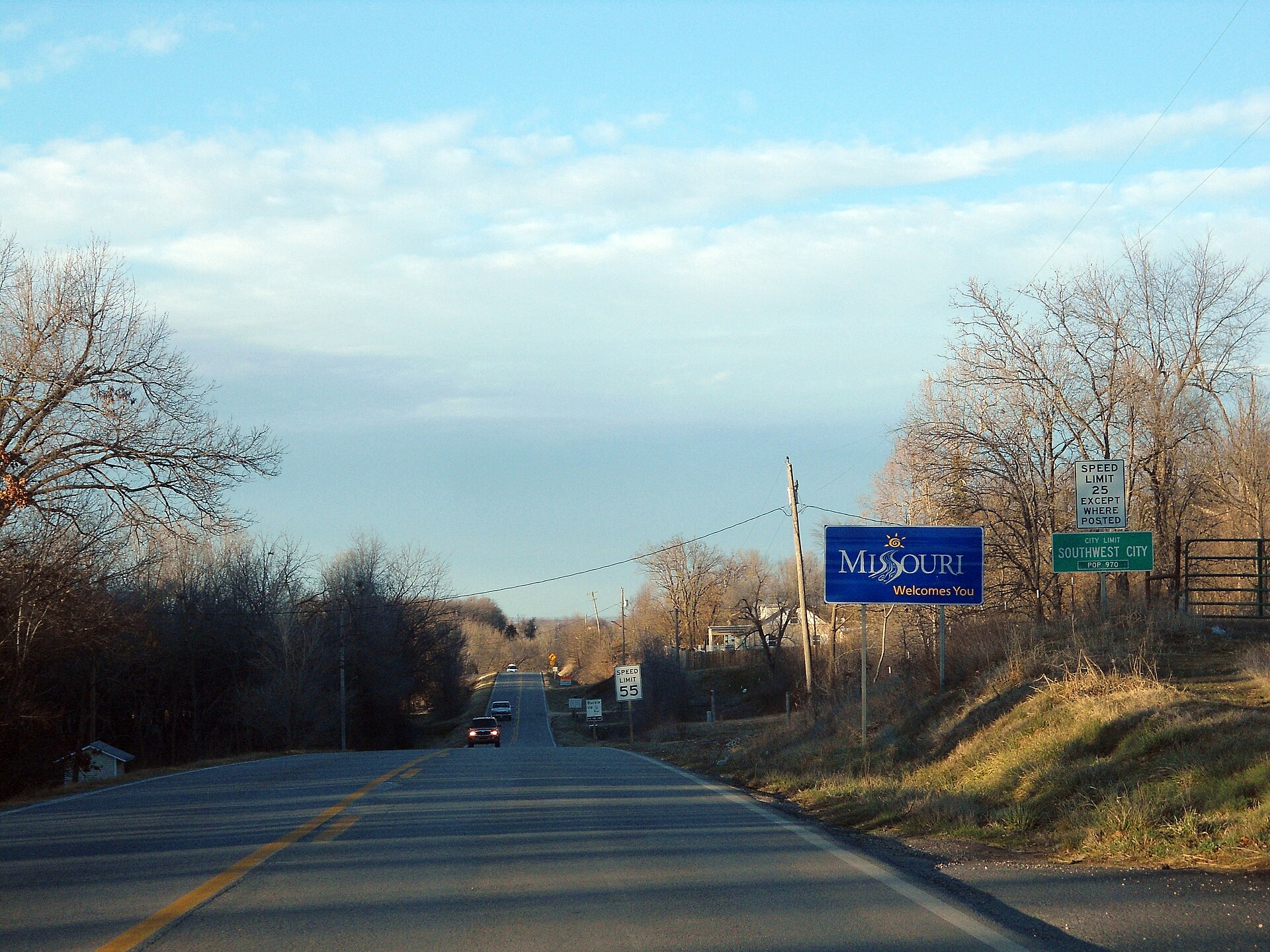 City limits of Southwest City, Missouri. Shot from Missouri Route 43 near the Arkansas/Oklahoma/Missouri tripoint