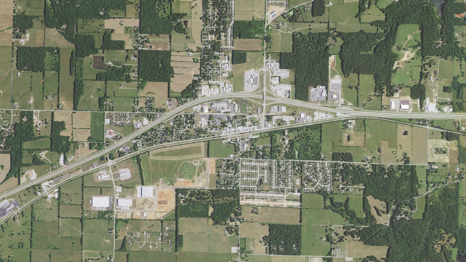 Natural-color aerial photograph of land around Strafford, Missouri