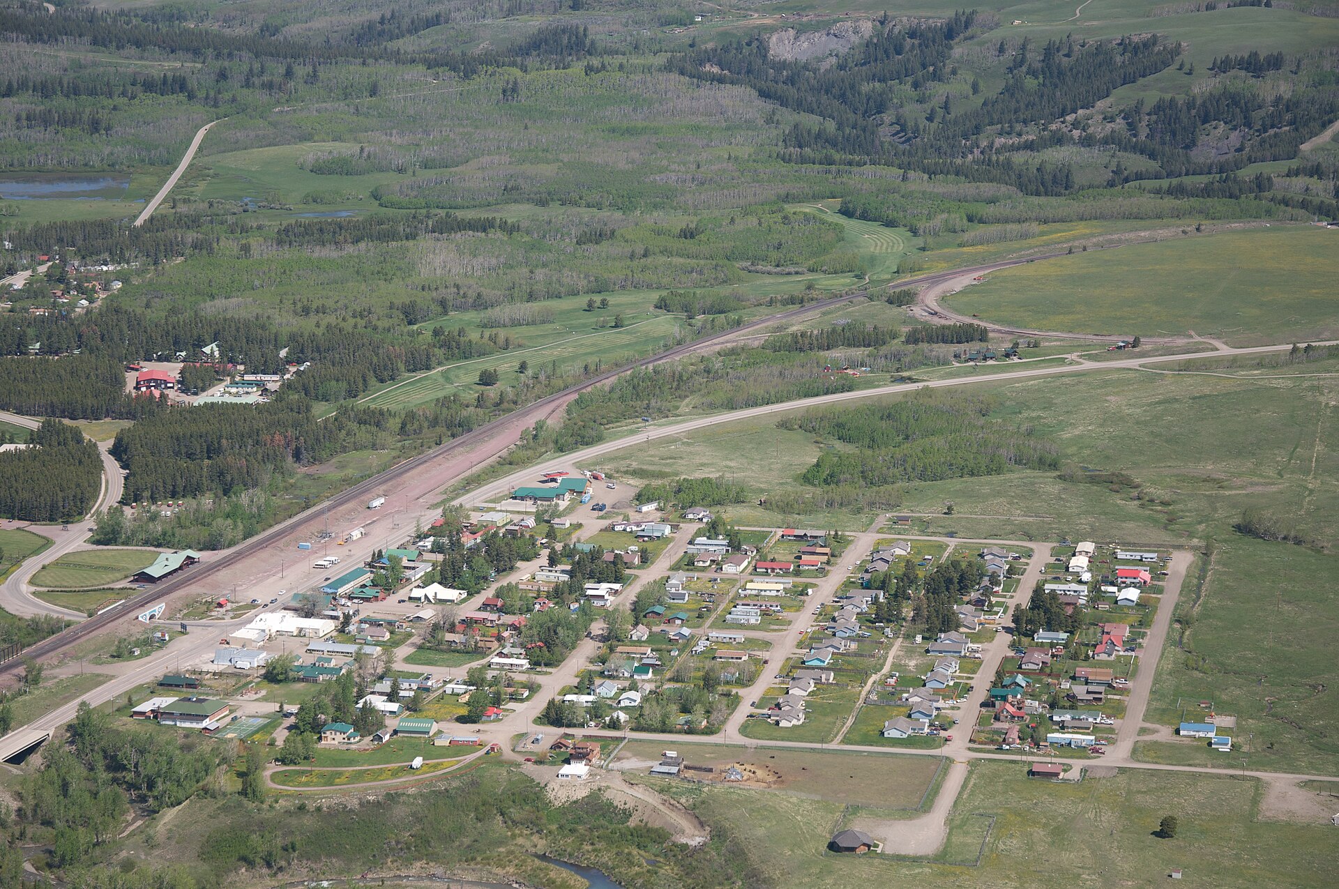 Aerial view of East Glacier Park Village, Montana, USA