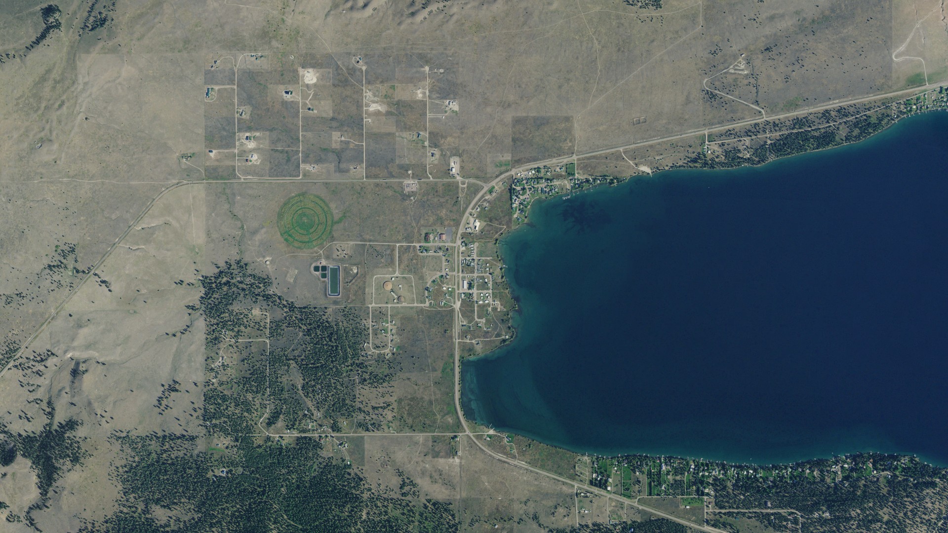 Natural-color aerial photograph of land around Elmo, Montana