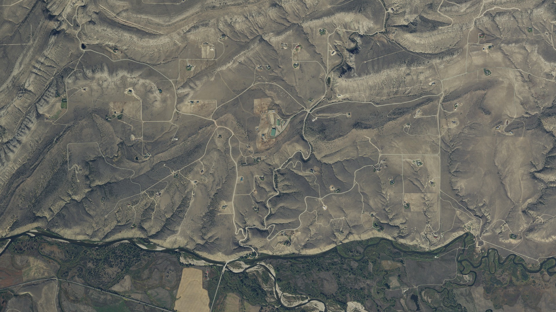 Natural-color aerial photograph of land around Gallatin River Ranch, Montana