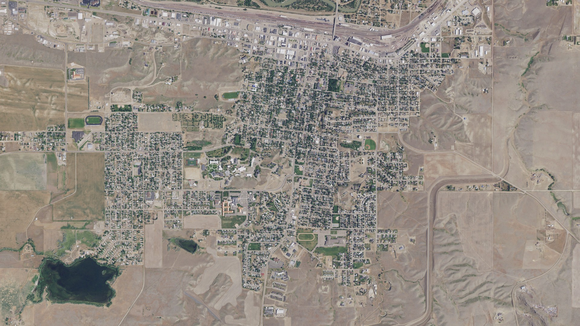Natural-color aerial photograph of land around Havre, Montana