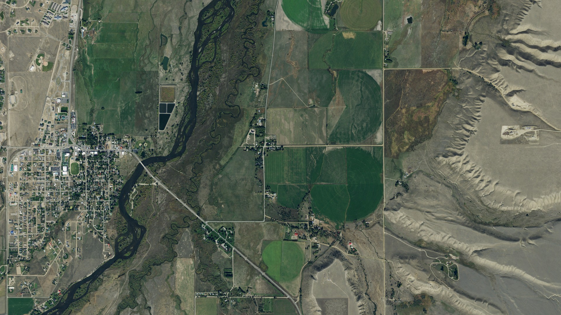 Natural-color aerial photograph of land around Jeffers, Montana
