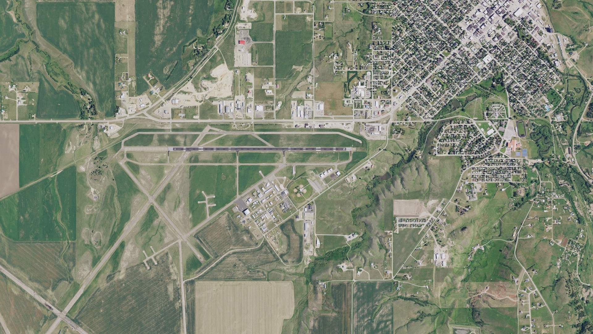 Natural-color aerial photograph of land around Lewistown, Montana
