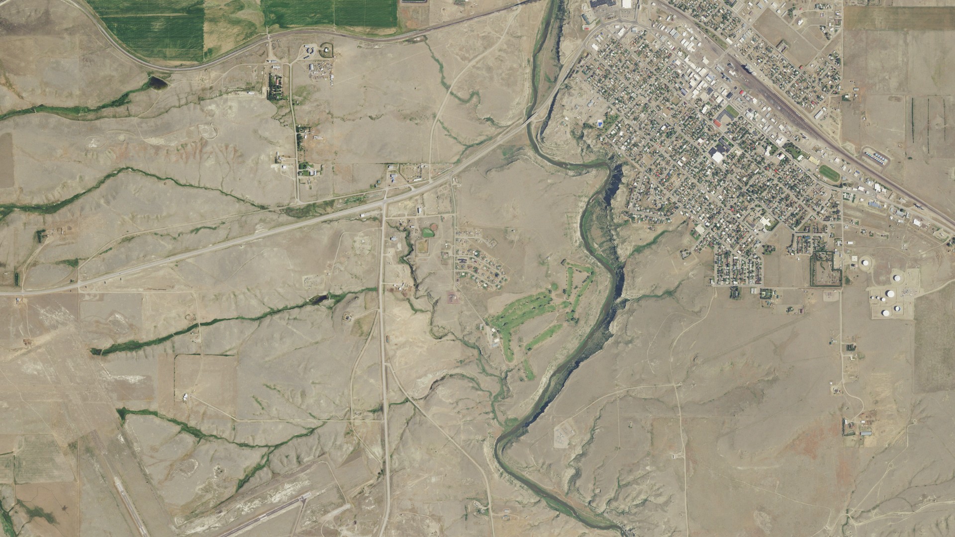 Natural-color aerial photograph of land around Little Browning, Montana