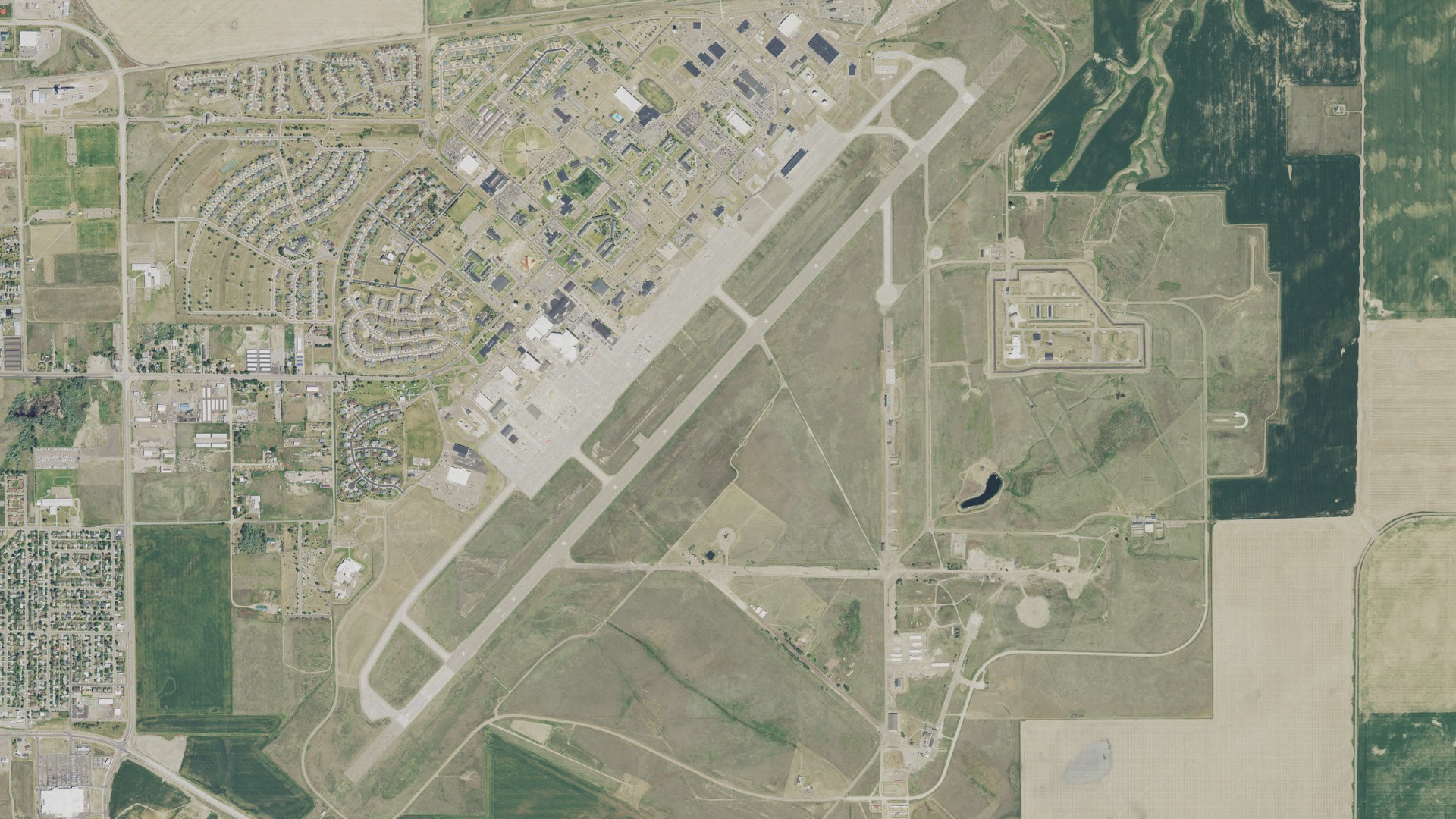 Natural-color aerial photograph of land around Malmstrom AFB, Montana
