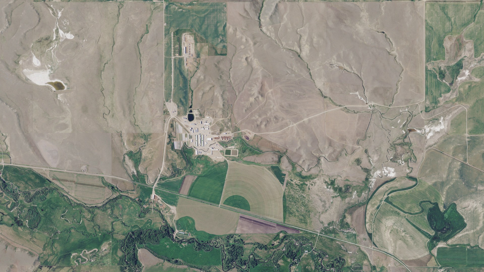 Natural-color aerial photograph of land around Martinsdale Colony, Montana